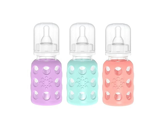Lifefactory Glass Baby Bottle BPA Free | Protective Silicone Sleeve | 4 oz Pack of 3 | Lavender, Mint, Cantaloupe