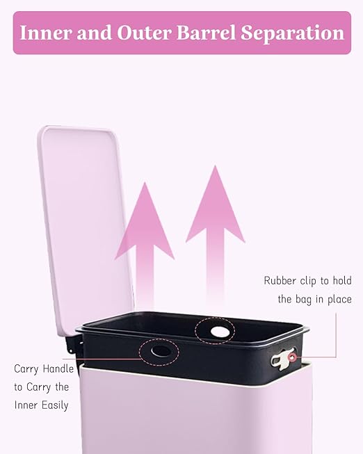 Pink Trash Can, 2.6 Gallon Bathroom Trash Can with Lid, Stainless Steel Garbage Can with Removable Liner Bucket, 10 Liter Rectangle Step Trash Bin for Office, Kitchen, Bedroom, Living Room