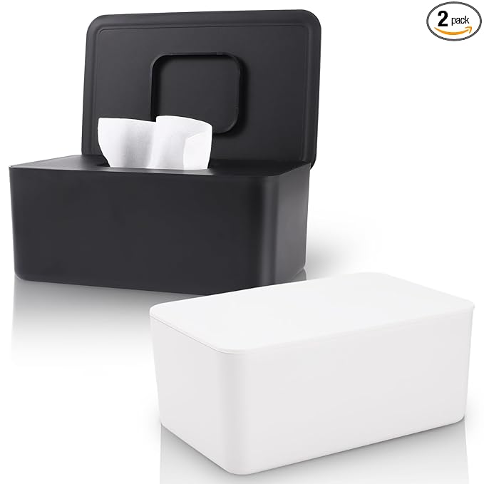 2 Pack LEQXGO Baby Wipes Dispenser, Wipes Dispenser Baby Wipes Case, Baby Wipe Holder for Fresh Wipes, Non-Slip Wipes Case, Wipe Container with Sealing Design Lid (Black and White)