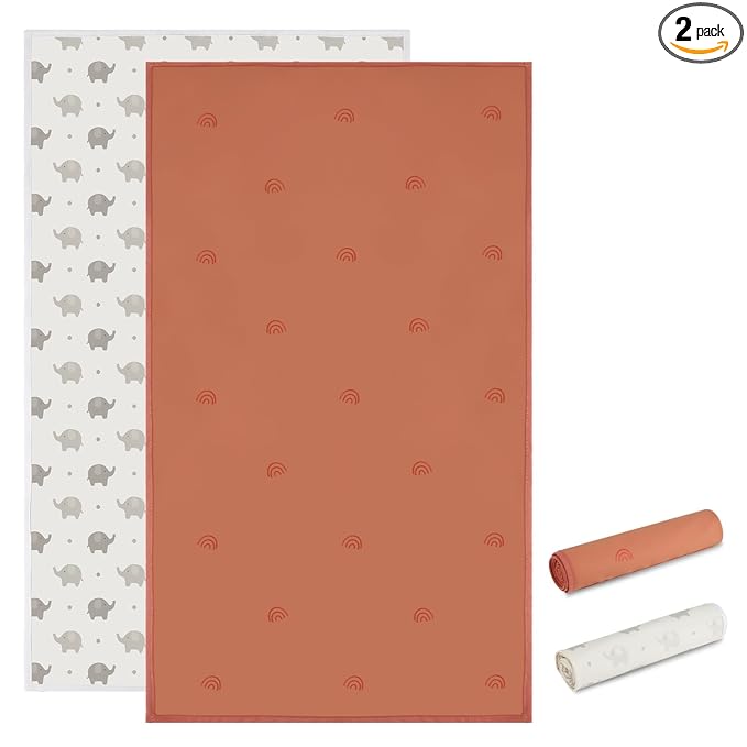 Vegan Leather Baby Changing Mat - Wipeable Portable Changing Pad 2 Pack, Foldable Travel Changing Mat for Baby, Newborns Toddlers Shower Gifts (Rainbow&Elephant,15.75"*28")