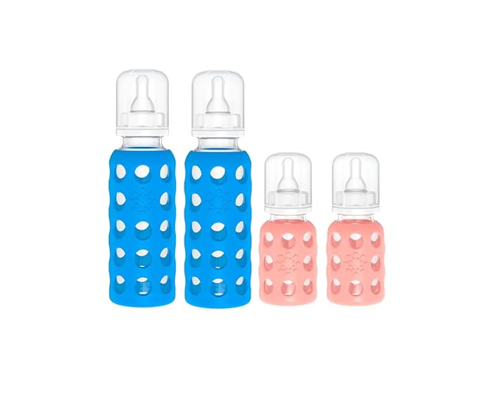 Lifefactory Glass Baby Bottle BPA Free | Protective Silicone Sleeve | 4 oz/9 oz Pack of 4 | Cobalt Blue, Cantaloupe