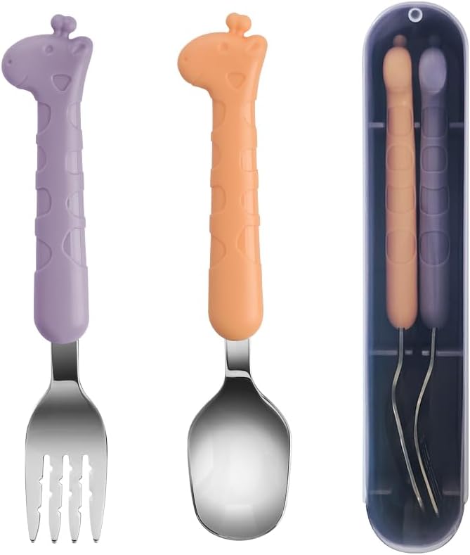 2-Piece Kid Utensils Set, 304 Stainless Steel Kids Fork and Spoon for Self-feeding, Safe Kid Silverware with storage case for School Lunch, Travel & Outdoors, Dishwasher Safe (Purple)