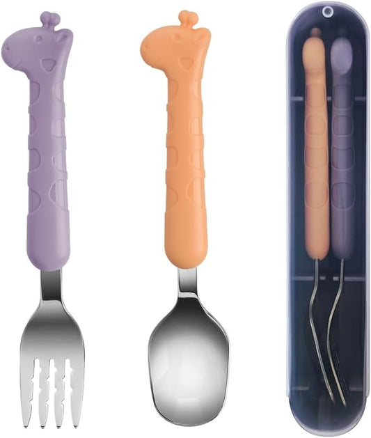 2-Piece Kid Utensils Set, 304 Stainless Steel Kids Fork and Spoon for Self-feeding, Safe Kid Silverware with storage case for School Lunch, Travel & Outdoors, Dishwasher Safe (Purple)