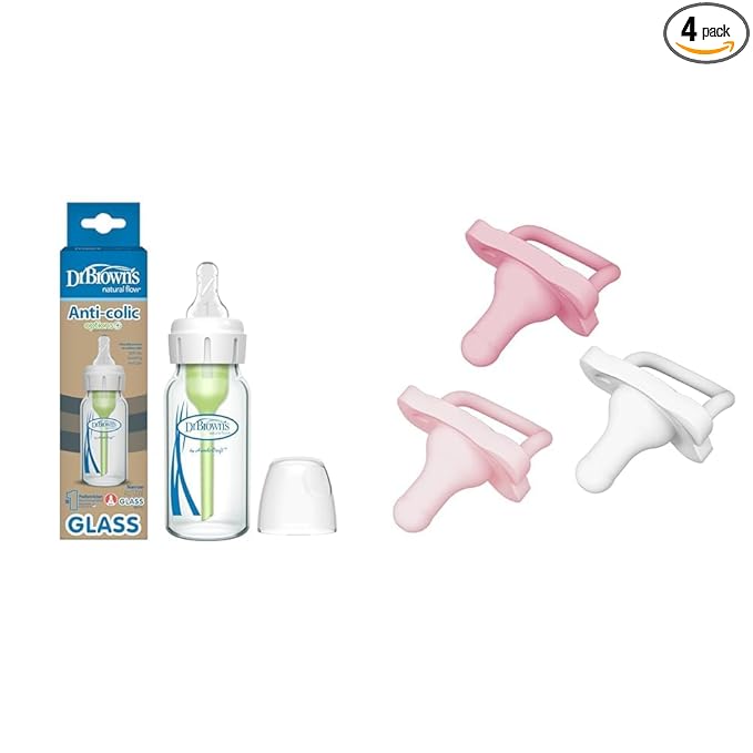 Dr. Brown's Anti-Colic Options+ Narrow Glass Baby Bottle, 4 oz, Level 1 Slow Flow Nipple, 1 Pack, 0m+ and HappyPaci 100% Silicone Pacifier 0-6m, BPA Free, 3 Ct