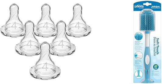 Dr. Brown's Level 4 Fast Flow 100% Silicone Narrow Baby Bottle Nipples, 6 Pack + Blue Soft Touch Bottle Brush