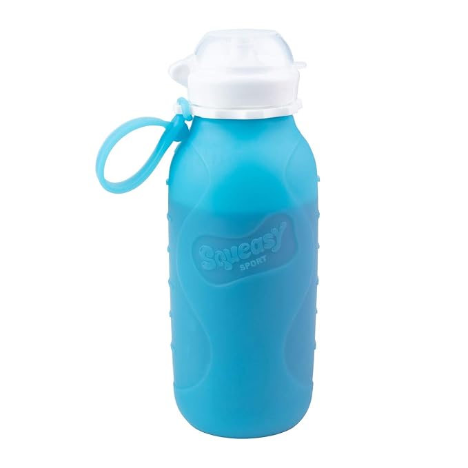 Blue 16 oz Squeasy Snacker Spill Proof Silicone Reusable Pouch - For Soft Foods & Liquids - Water, Apple Sauce, Yogurt, Smoothies, Baby Food - Dishwasher Safe