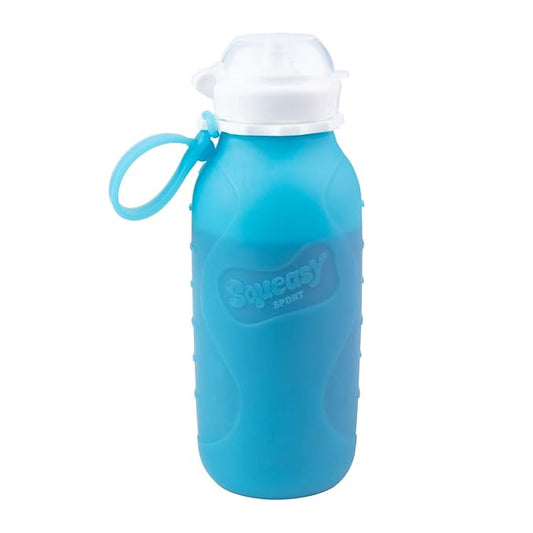 Blue 16 oz Squeasy Snacker Spill Proof Silicone Reusable Pouch - For Soft Foods & Liquids - Water, Apple Sauce, Yogurt, Smoothies, Baby Food - Dishwasher Safe