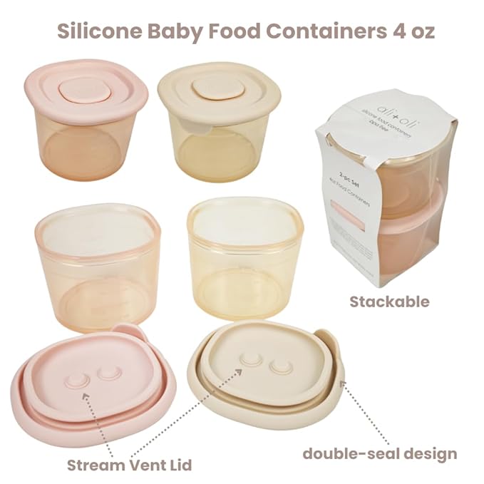 Ali+Oli Silicone Baby Food Containers (4oz) 2-pk Reusable Leakproof Snack Storage with Airtight Lids – Freezer & Microwave Safe for Infant and Kids Meals (Blush-Khaki)