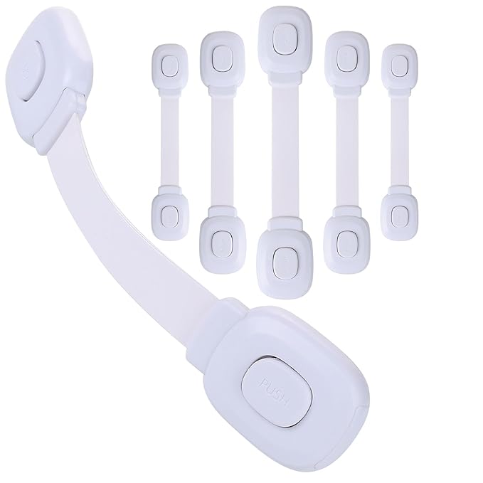 Fursafe&Q Baby Cabinet Locks, Child Safety Cabinet Proofing -Child Safety Strap Locks Adhesive Drawer Fridge Ovens Door Toilet Latches No Drill Multi-Purpose for Furniture Kitchen Lock (White, 6Pack)