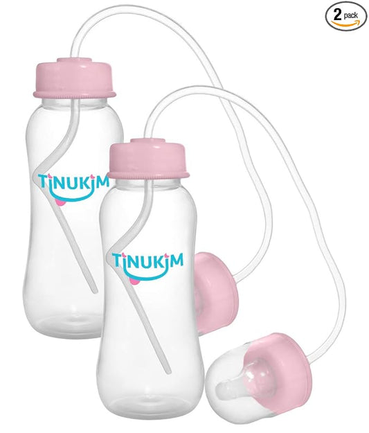 iFeed 9 Ounce Self Feeding Baby Bottle with Tube - Handless Anti-Colic Nursing System, Pink - 2-Pack