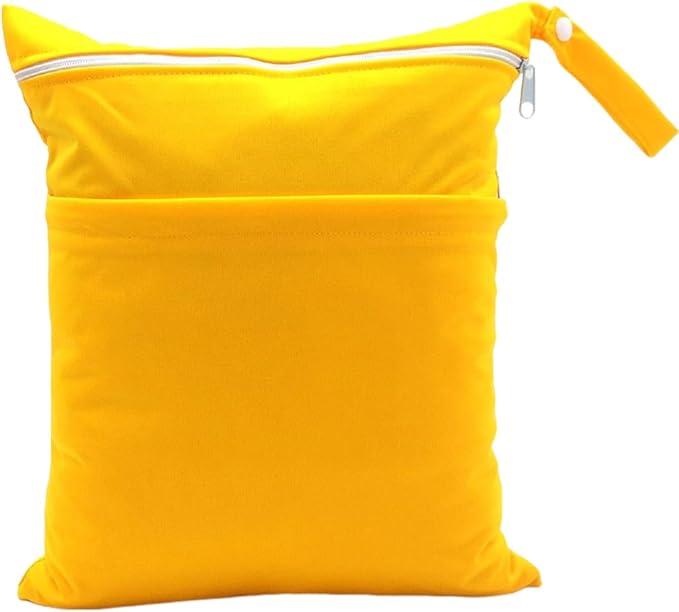 Wet Dry Bag for Baby Cloth Diapers, Waterproof Reusable with Two Zippered Pockets Travel Beach Pool Soiled Baby Items Yoga Gym Bag for Swimsuits or Wet Clothes (yellow)