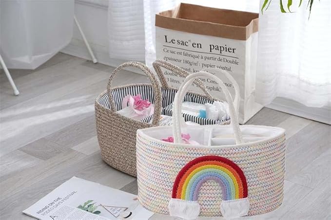 Diaper Caddy Organizer for Changing Table, Cotton Rope Baby Storage Basket for Diaper Wipes, Car Caddy Organizer, Nursery Diaper Organizer With Divider, Portable Diaper Storage -Rainbow