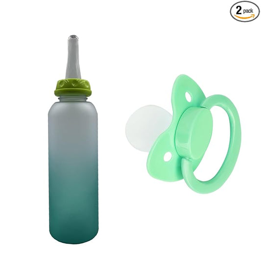 Adult Bottle Pacifier Set, Big Sized, Animal Pattern Design, 8oz (Green)