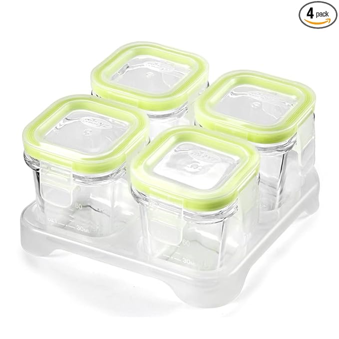 Matyz 4-Pack Glass Baby Food Jars With Lids Airtight Freezer Microwave Oven Safe (Mint Green, 4 OZ Each) - Small Solid Food Storage Containers Baby Stackable Baby Food Containers Glass