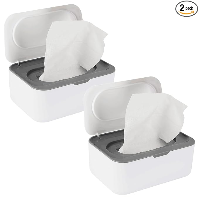 Flenpptly 2 Pack Baby Wipes Dispenser, Wipes Case Baby Wipe Holder Keeps Wipes Fresh, Non-Slip, Easy Open & Close (2 Pack Gray)
