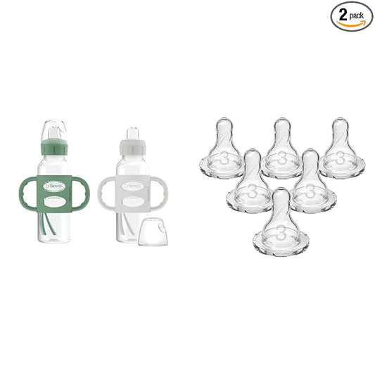 Dr. Brown's Milestones Sippy Bottle 2-Pack with Level 3 Medium-Fast Flow Nipple 6-Pack, 8oz/250mL, Green & Gray, 6m+