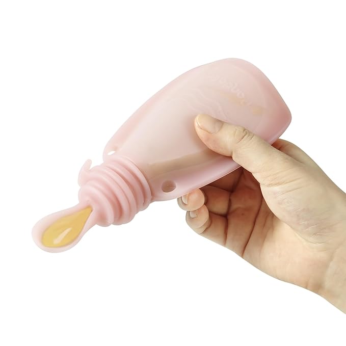 PandaEar 3 Pack Reusable Silicone Baby Food Pouches with Spoon Feeder-5.5oz Leak-Proof Squeeze Pouches for Toddler & Infant-Refillable Food Storage for Homemade Puree, Yogurt Cereal-7pc Set Linen/Pink