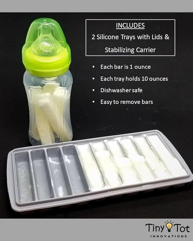 Breast Milk Freezer Storage Trays w/Carrier, 10-1oz Bars, 2 Containers w/Lids and Carrier, 100% Food Grade Silicone