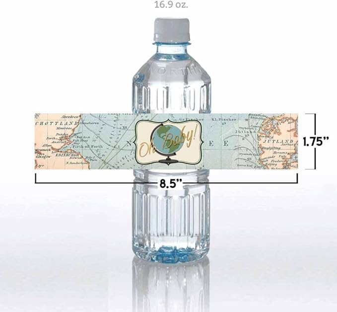 Adventure Awaits Gender Neutral Baby Shower Waterproof Water Bottle Sticker Wrappers 20 Wrap Around Labels Sized 1.75" x 8.5" by AmandaCreation