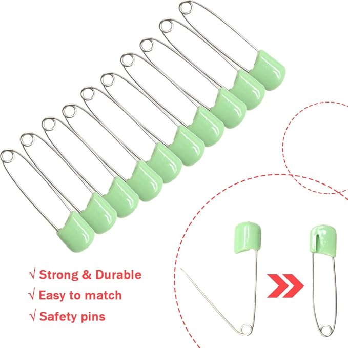 50 PCS Safety Pin 54mm/2.2in Baby Diaper Pins for Cloth Plastic Head Baby Pins for Diapers Stainless Steel Cloth Pins with Locking Closures Nappy Pin for Crafts（DT/Light Green）