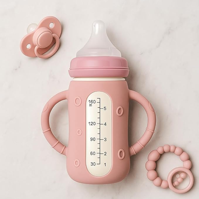 4 Pcs Silicone Pink Sleeves for Lansinoh (Old Style) Anti-Colic Glass Baby Bottles, Drop Protection Silicone Covers Compatible with 5 Ounces Lansinoh Glass Bottles, BPA-Free (Gray)