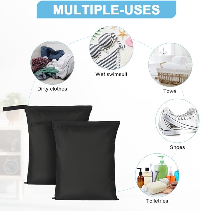 3PCS Wet Bags, Waterproof Travel Laundry Bag, Reusable Cloth Diaper Bags with Handle & Zipper, Washable Travel Tote Organizer Yoga Bag for Baby Items, Wet Swimsuits, Beach, Gym, Camping (Black)