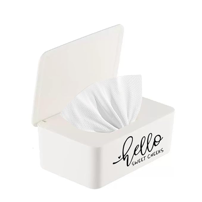 Hello Sweet Cheeks Baby Wipes Dispenser Rustic Farmhouse Bathroom Decor 7.28" L x 4.80" W x 2.75" H Flushable Wipes Container Holder with Sealing Design Lid Easy to Refill (White)