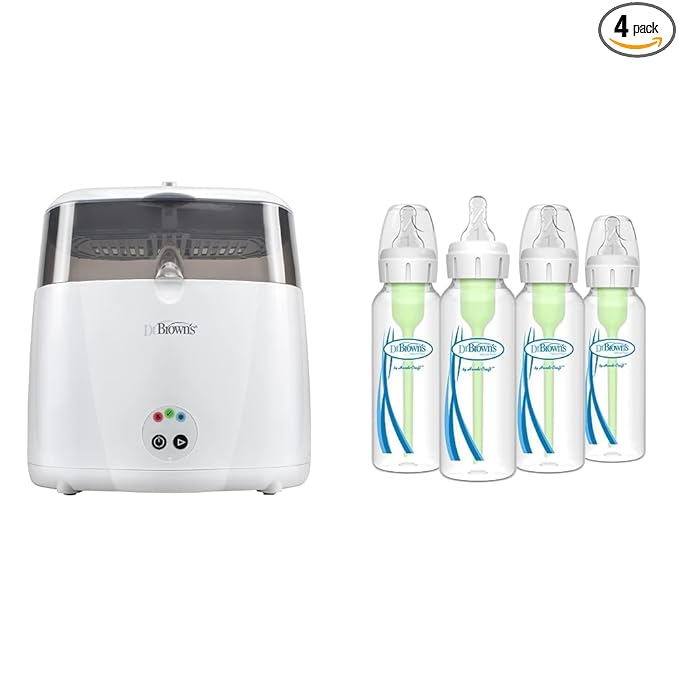 Dr. Brown’s Deluxe Electric Sterilizer for Baby Bottles and Other Baby Essentials & Natural Flow® Anti-Colic Options+™ Narrow Baby Bottles 8 oz/250 mL, with Level 1 Slow Flow Nipple, 4 Pack, 0m+