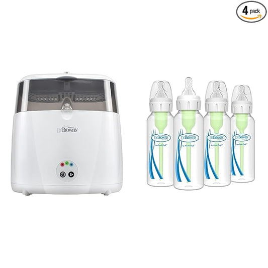 Dr. Brown’s Deluxe Electric Sterilizer for Baby Bottles and Other Baby Essentials & Natural Flow® Anti-Colic Options+™ Narrow Baby Bottles 8 oz/250 mL, with Level 1 Slow Flow Nipple, 4 Pack, 0m+