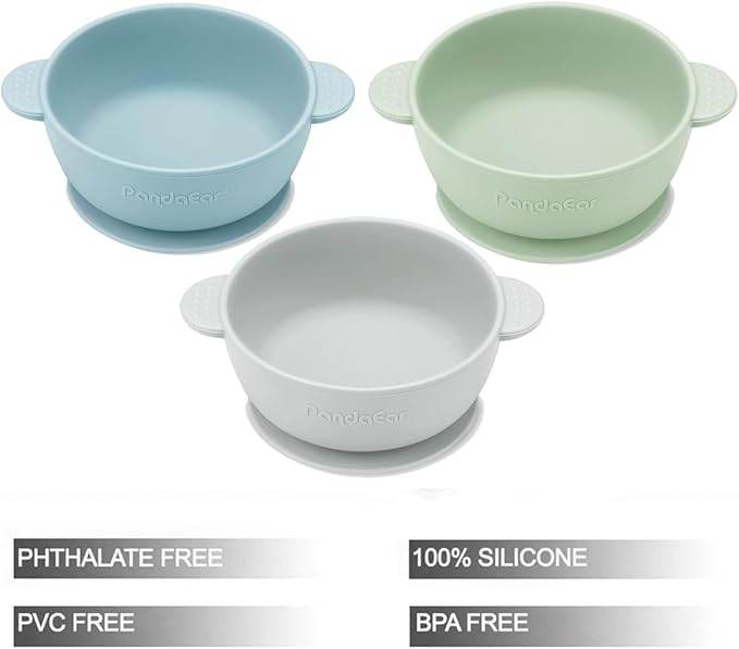 PandaEar 3 Pack Silicone Baby Bowls with Suction – Stay Put Silicone Bowls for Toddlers & Kids – Unbreakable First Stage Self Feeding Supplies – BPA-Free Infant Feeding Set (Blue/Green/Grey)