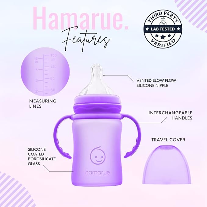 3-in-1 Glass Sippy Cups for Toddlers | Silicone Coated Glass Baby Bottles | Non-Toxic Transition Cup for Baby with Removeable Handles | Baby Straw Cup NB+,3M,6M,12M (Purple, 5 oz)