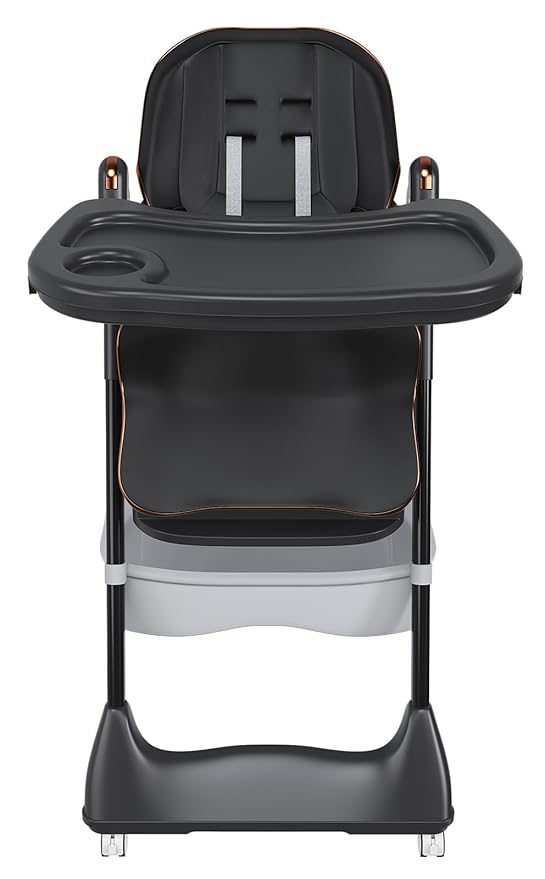 Portable High Chair, High Chairs for Babies and Toddlers, Adjustable Baby Chair, 5 Height & 3 Recline Adjustable Locking Wheels with Removable Double Tray and Safety Belt, Black