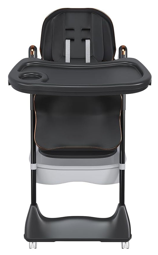 Portable High Chair, High Chairs for Babies and Toddlers, Adjustable Baby Chair, 5 Height & 3 Recline Adjustable Locking Wheels with Removable Double Tray and Safety Belt, Black