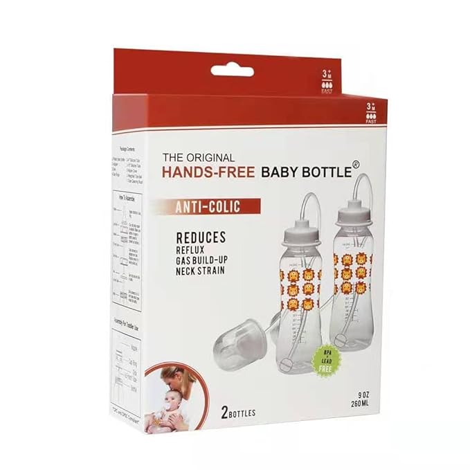 Hands-Free Baby Bottle - Anti-Colic Nursing System 9 oz Baby Bottle with Fast Flow Nipple/Teat 3m+ with Tube Straw Feeding System for Toddler (2 Bottles - Lion)