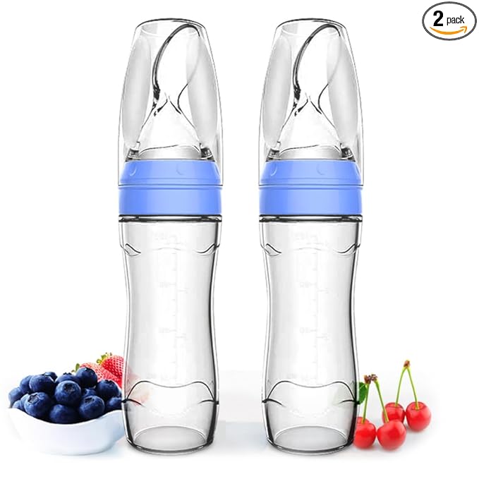 Matyz 2-Piece Silicone Baby Food Dispensing Spoon Set (Blue, 4oz/120ml) - Stand-Up Squeezable Bottle Feeder with Spoon - BPA Free, Silicone, 4+ Months