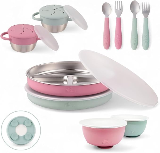 Elk and Friends Kids Stainless Steel Mealtime Bundle | Plates, Bowls, Snack Cups + Toddler Utensils | Silicone Suction Sleeves + Travel Storage Lids | For Meals + Snacks | Dishwasher Safe