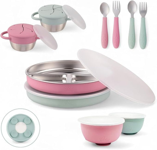Elk and Friends Kids Stainless Steel Mealtime Bundle | Plates, Bowls, Snack Cups + Toddler Utensils | Silicone Suction Sleeves + Travel Storage Lids | For Meals + Snacks | Dishwasher Safe