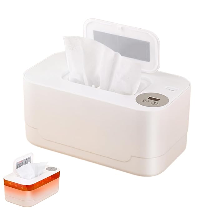 Portable Baby Wipes Warmer, Thermostat Diaper Wipe Warmer 55℃ - 65℃ Adjustable, Baby Wet Wipes Dispenser and Diaper Wipe Warmer with Night Light, Moisturizing and Heat Preservation, USB (White)