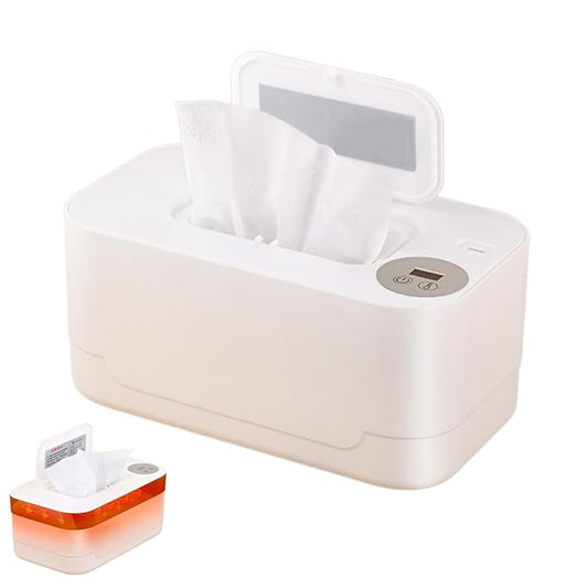 Portable Baby Wipes Warmer, Thermostat Diaper Wipe Warmer 55℃ - 65℃ Adjustable, Baby Wet Wipes Dispenser and Diaper Wipe Warmer with Night Light, Moisturizing and Heat Preservation, USB (White)