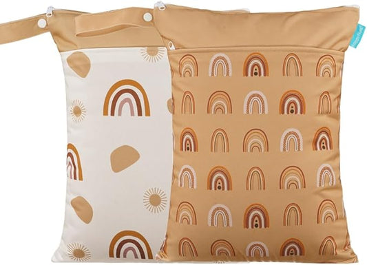 MOMIGO 2 pcs/set Wet Dry Bags for Baby Cloth Diapers - Reusable, Washable for Stroller, Diapers, Travel Bags, Gym Bag (Brown&Rainbow&Sun)
