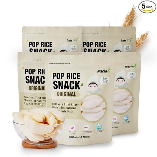 Naeiae Pop Rice Snack for Babies & Toddlers (100% Korean Rice, Naturally Gluten-Free, No Oil) Wholesome Baby Teether Food, Nutritious Finger Snacks for 6 Months to 2 Years, 5-Pack