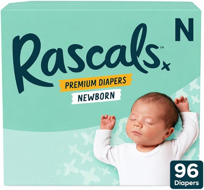 Rascals Premium Disposable Baby Diapers Newborn (96 Count) with 5 Sensitive Infant Wipes, Absorbent Core, Up to 12 Hours Protection, Gentle on Skin, Secure Fit