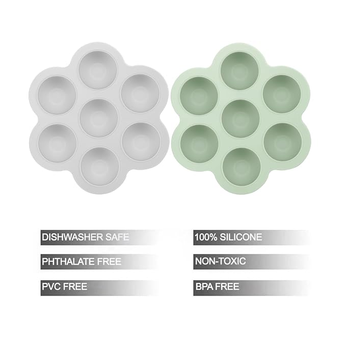 PandaEar 2 Pack Silicone Baby Food Freezer Trays with Lids - 7 Individual 1oz Portions per Tray - Reusable Storage Containers for Breast Milk, Homemade Purees & Fruit - BPA Free, Light Green/Gray