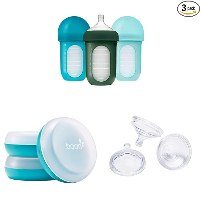 Boon NURSH Reusable Silicone Baby Bottles & NURSH Storage Buns (Pack of 3), Blue-White,3 Count (Pack of 1) & NURSH Silicone Replacement Nipple (Pack of 3)