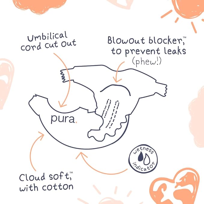 Pura Newborn Baby Diapers Size N (Up to 10 lbs), 3 Pack (84 Hypoallergenic Diapers) Totally Chlorine Free (TCF), Disposable Diapers for Sensitive Skin, Blowout Protection & Wetness Indicator