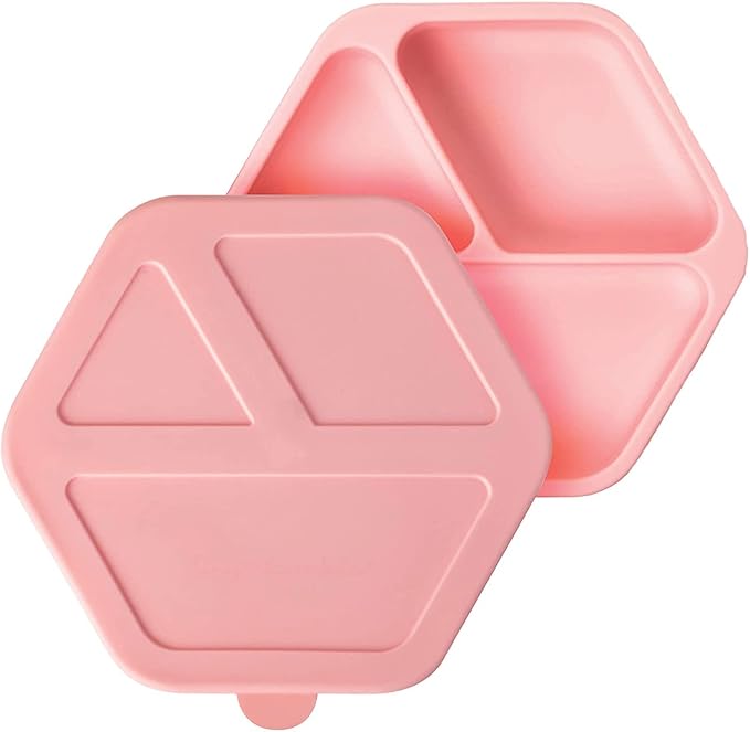 Tiny Twinkle Silicone Suction Baby Plate, Suction Grip Divided Dish for First Foods and Self-Feeding Toddlers, Baby Led Weaning Supplies for Independent Eating (Rose Plate with Lid)