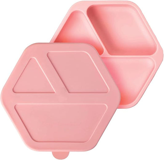 Tiny Twinkle Silicone Suction Baby Plate, Suction Grip Divided Dish for First Foods and Self-Feeding Toddlers, Baby Led Weaning Supplies for Independent Eating (Rose Plate with Lid)