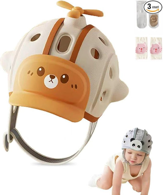 Baby Head Protection Helmet - Ultra-Light, Soft, Adjustable, Suitable for Babies 6-24 Months with Knee Pads & Non-Slip Socks Set