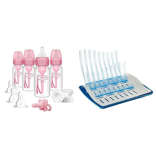 Dr. Brown's Anti-Colic Baby Feeding Set with Slow Flow Nipples, Travel Caps, Silicone Pacifier - Pink & Folding Baby Bottle Drying Rack for Easy Storage, Dry Nipples, Pacifiers and Other Baby