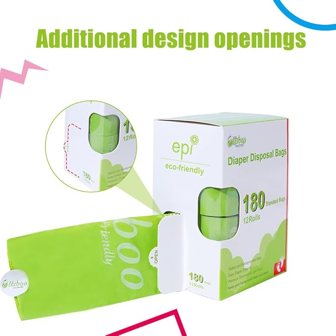 Diaper Bags Disposable for Baby, 12 Refill Rolls/180 Bags OXO-Biodegradable Waste Bags,Dirty Disposable Diaper Bags,Diaper Trash Bags,Green